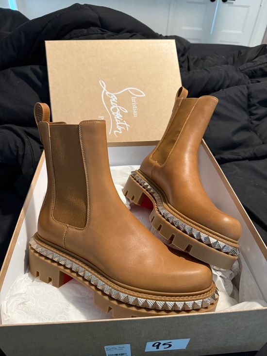 Christian Louboutin Shoes - Christian Louboutin Tan Leather Platform Chelsea Booties with Studded Trim